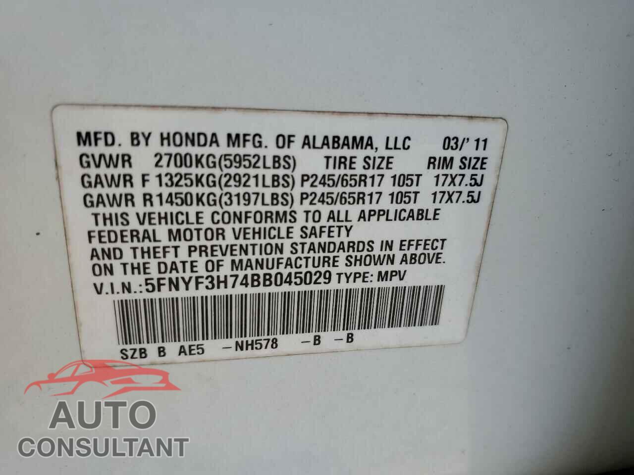 HONDA PILOT 2011 - 5FNYF3H74BB045029