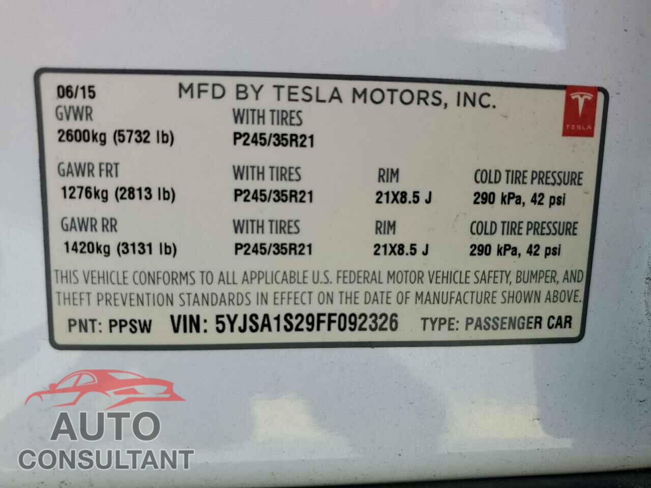 TESLA MODEL S 2015 - 5YJSA1S29FF092326