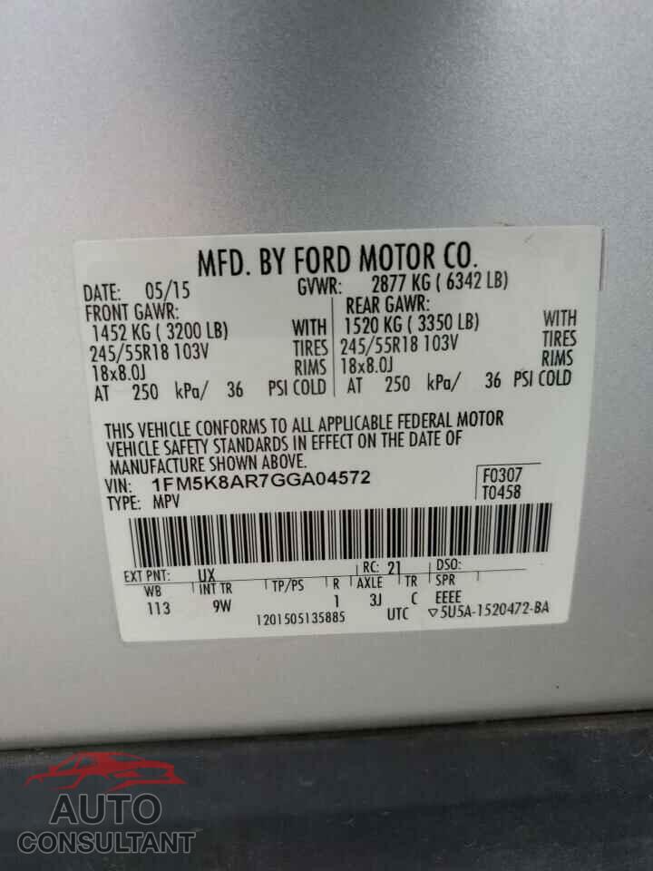 FORD EXPLORER 2016 - 1FM5K8AR7GGA04572