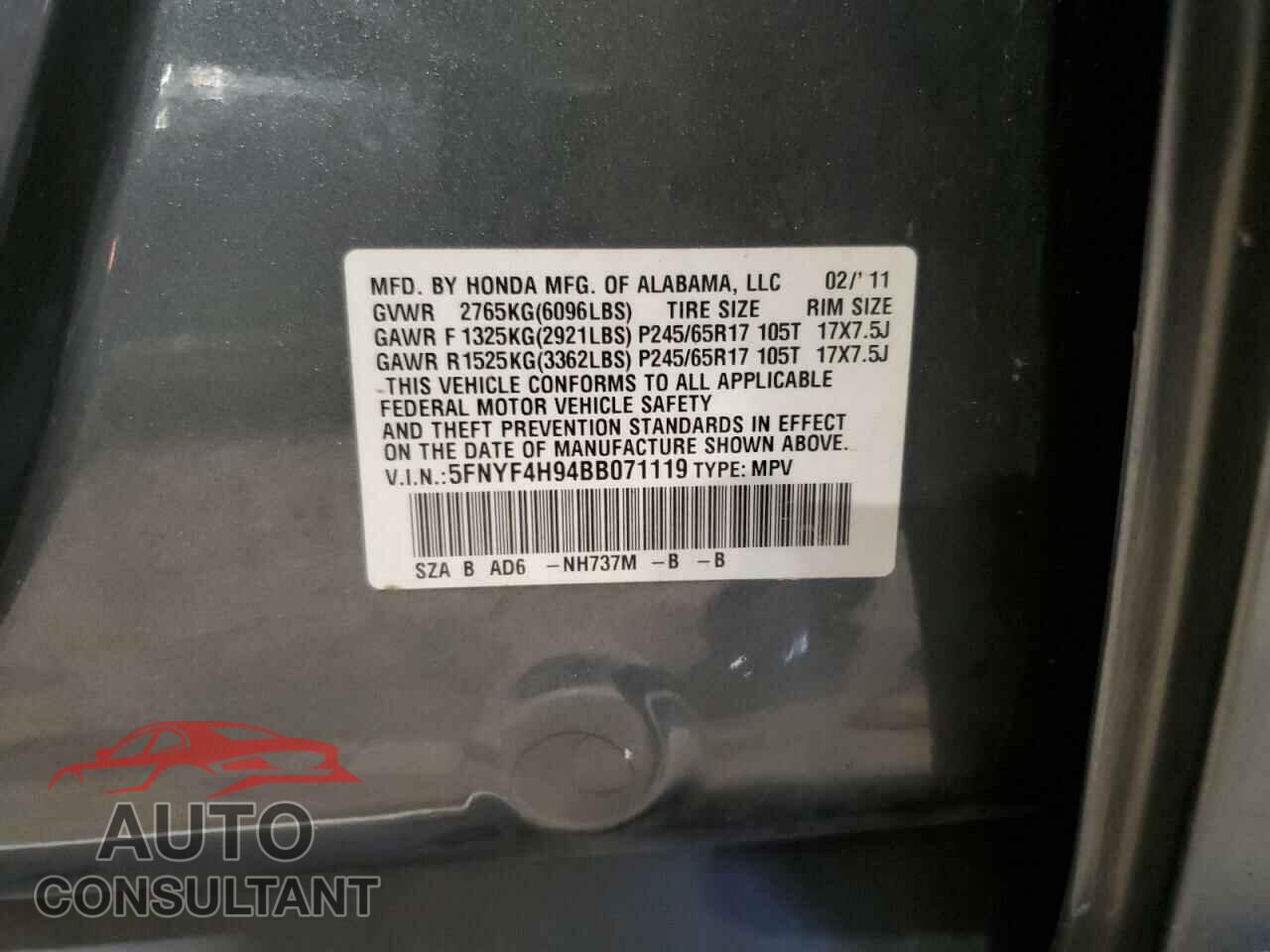 HONDA PILOT 2011 - 5FNYF4H94BB071119