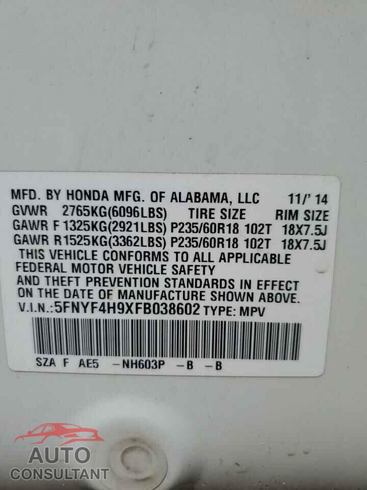 HONDA PILOT 2015 - 5FNYF4H9XFB038602