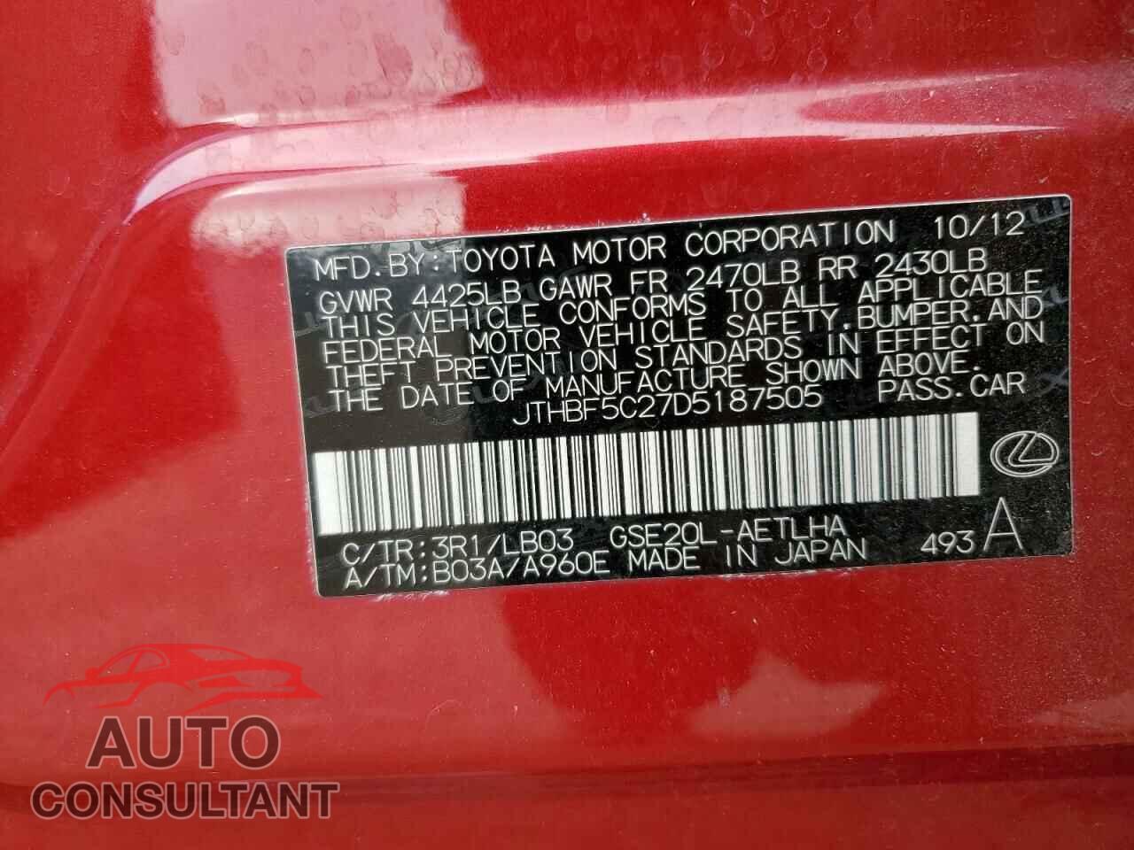 LEXUS IS 2013 - JTHBF5C27D5187505