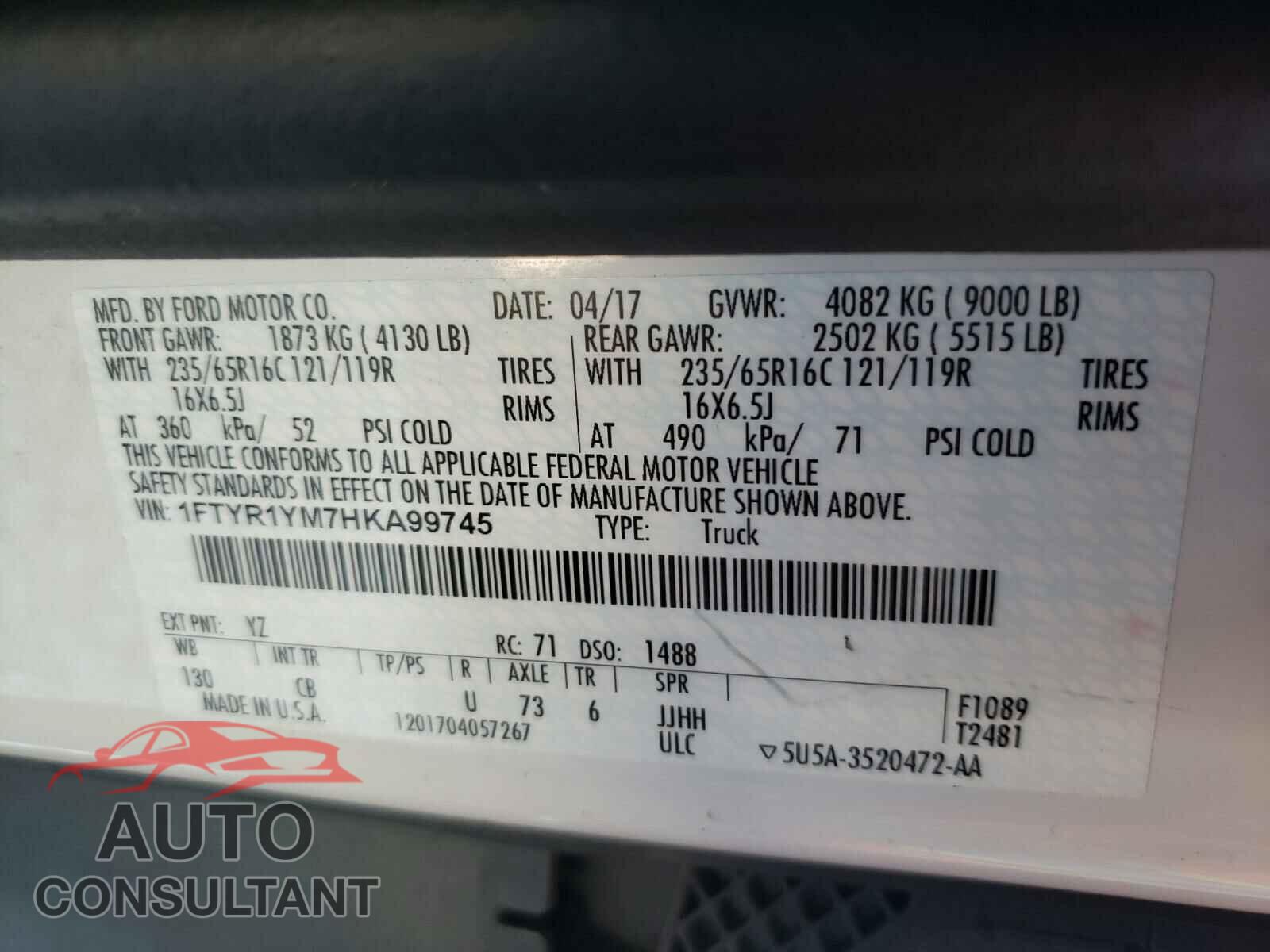FORD TRANSIT CO 2017 - 1FTYR1YM7HKA99745