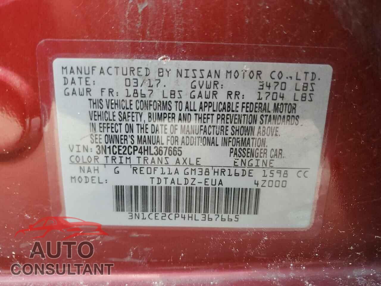 NISSAN VERSA 2017 - 3N1CE2CP4HL367665