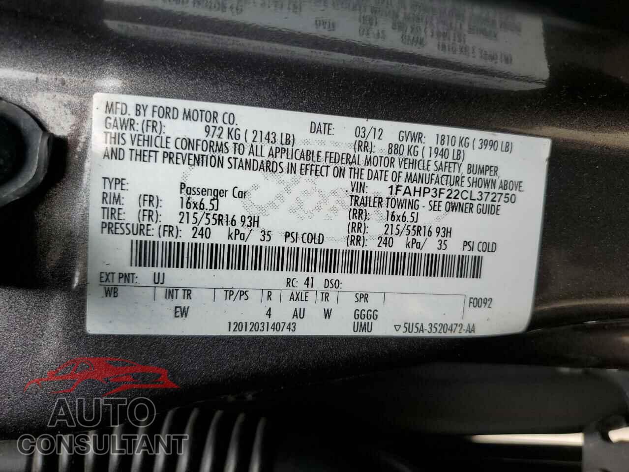 FORD FOCUS 2012 - 1FAHP3F22CL372750