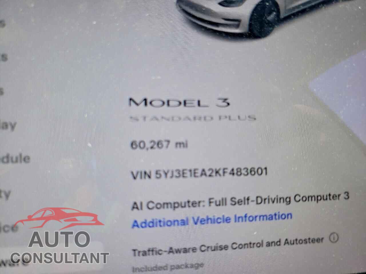 TESLA MODEL 3 2019 - 5YJ3E1EA2KF483601