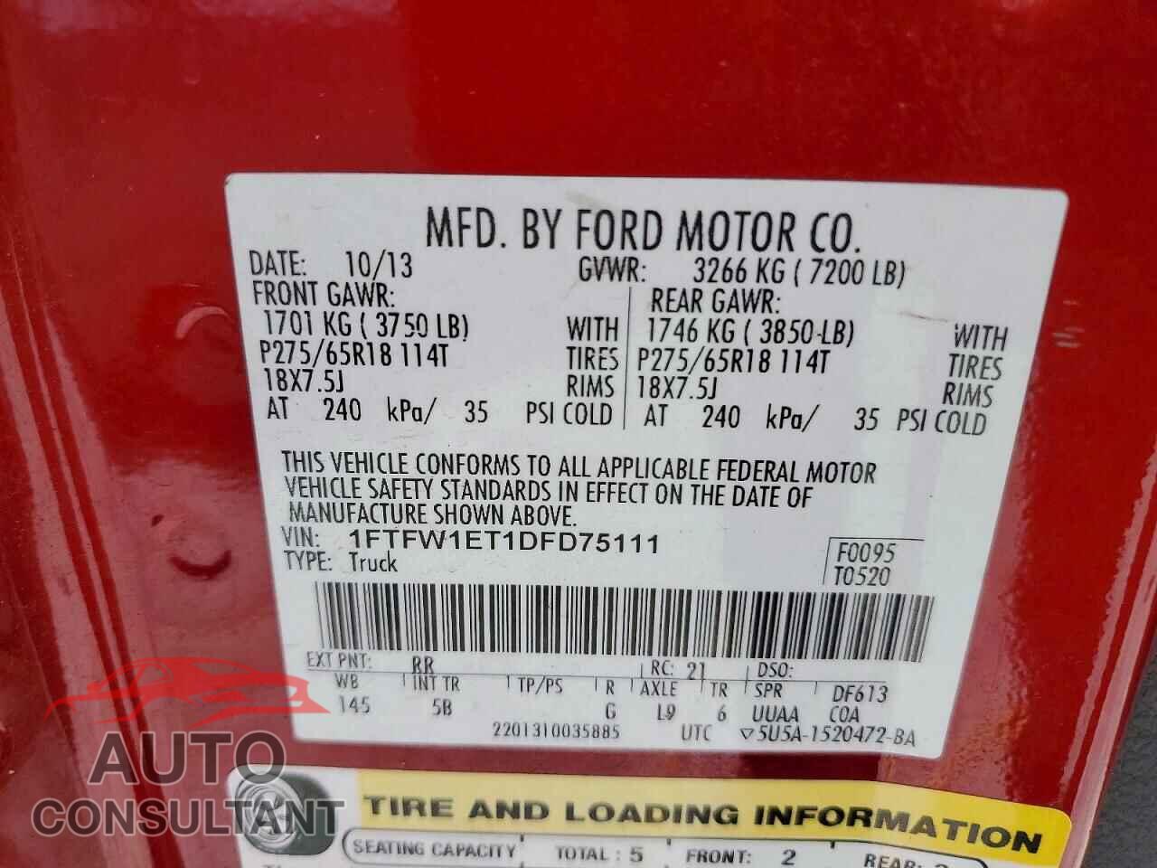FORD F150 2013 - 1FTFW1ET1DFD75111