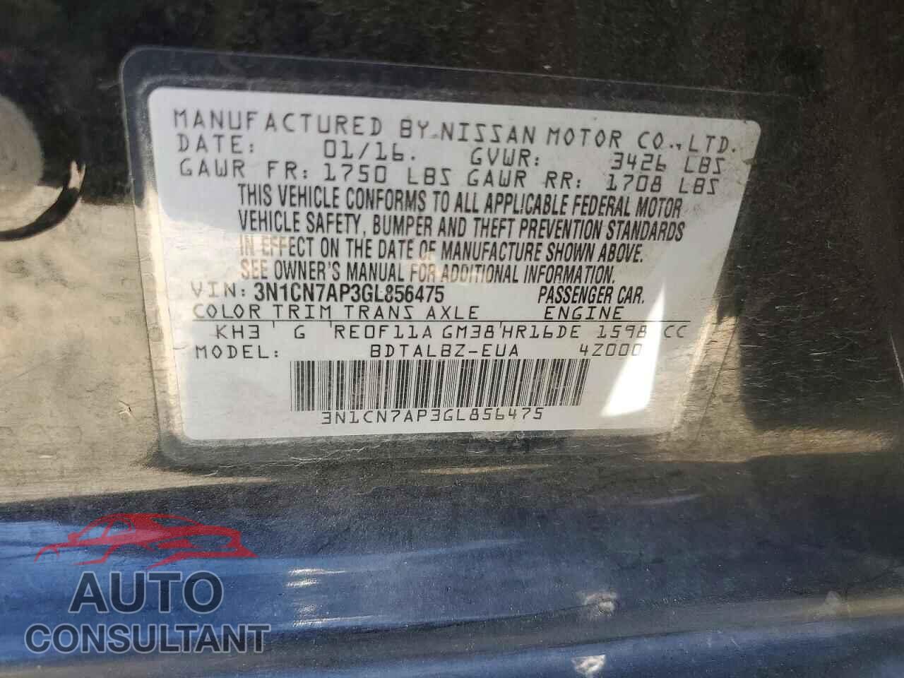 NISSAN VERSA 2016 - 3N1CN7AP3GL856475