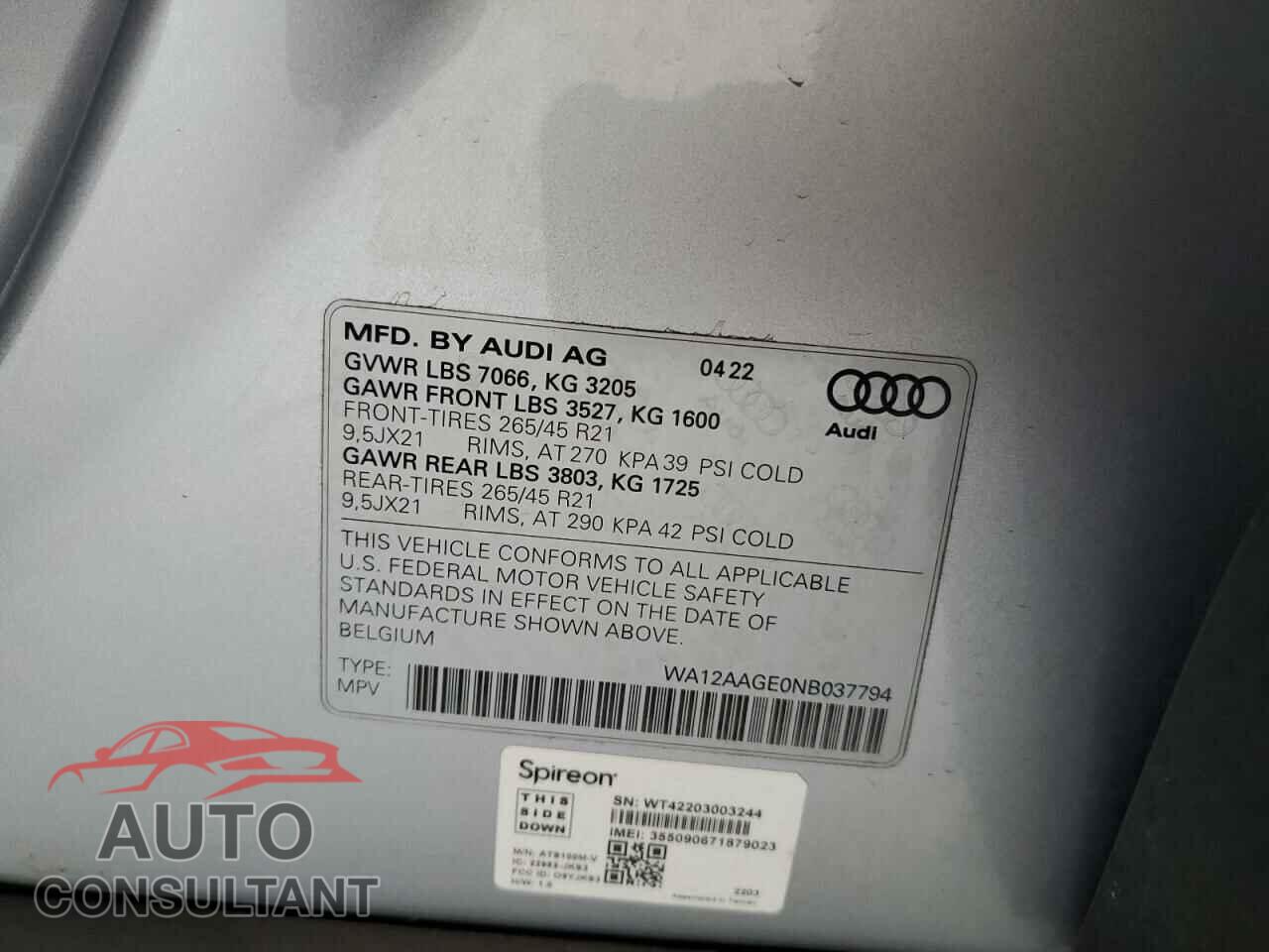 AUDI E-TRON 2022 - WA12AAGE0NB037794