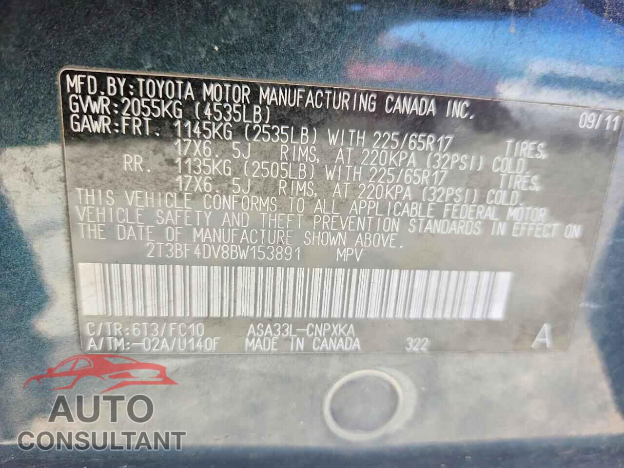 TOYOTA RAV4 2011 - 2T3BF4DV8BW153891