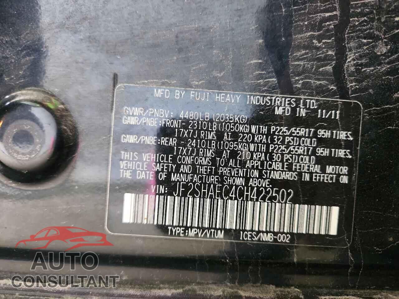 SUBARU FORESTER 2012 - JF2SHAEC4CH422502
