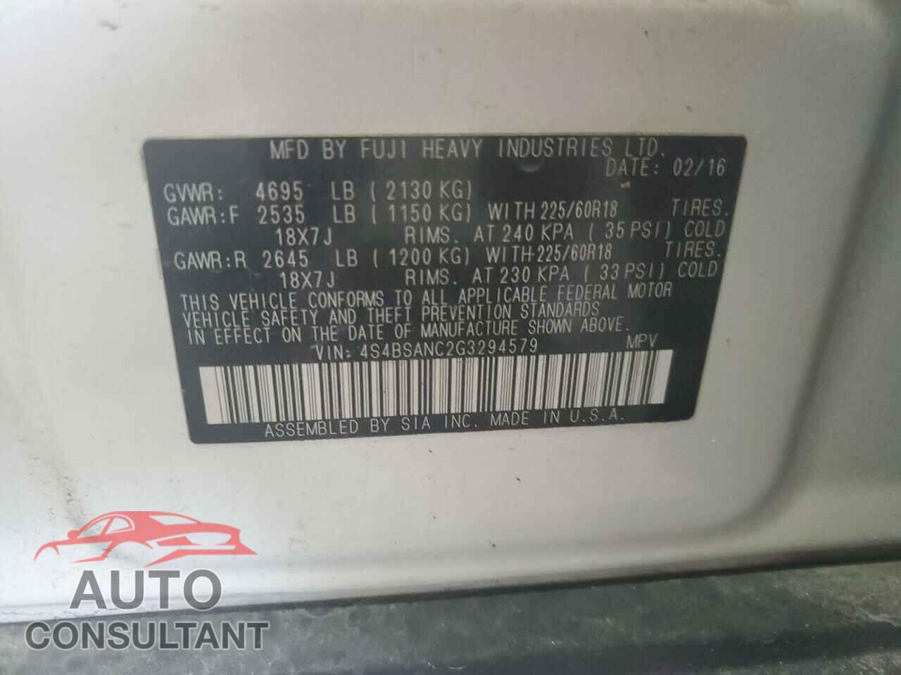 SUBARU OUTBACK 2016 - 4S4BSANC2G3294579