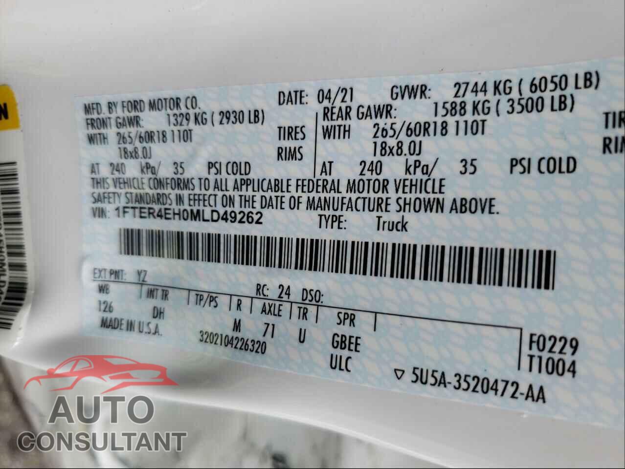 FORD RANGER 2021 - 1FTER4EH0MLD49262