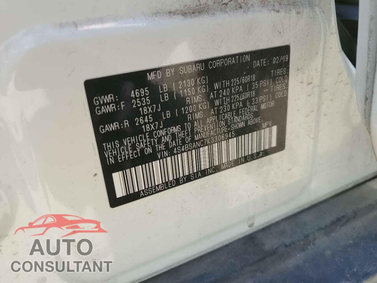 SUBARU OUTBACK 2019 - 4S4BSANC7K3306945