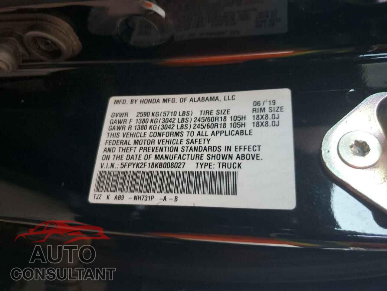 HONDA RIDGELINE 2019 - 5FPYK2F18KB008027