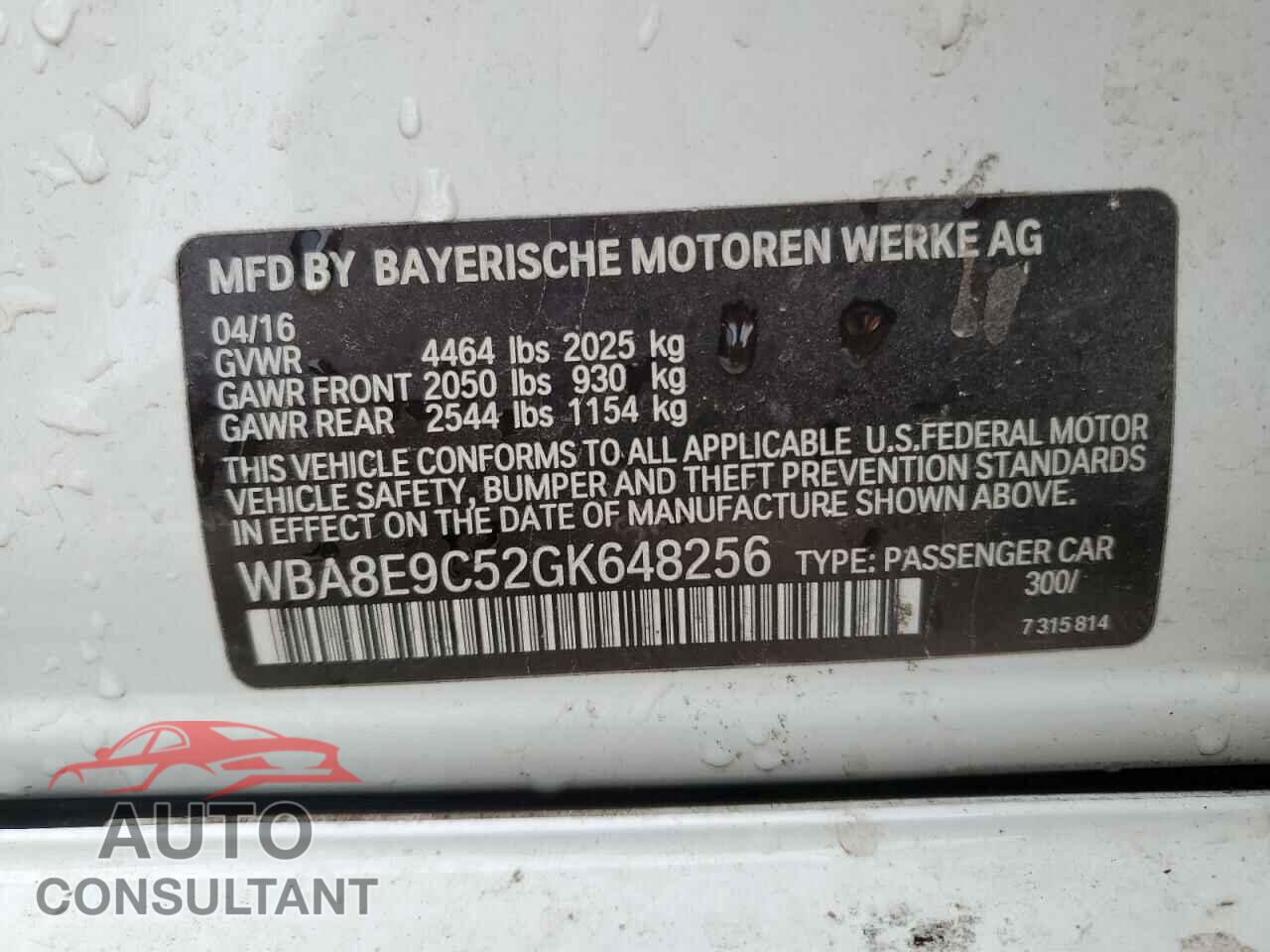 BMW 3 SERIES 2016 - WBA8E9C52GK648256