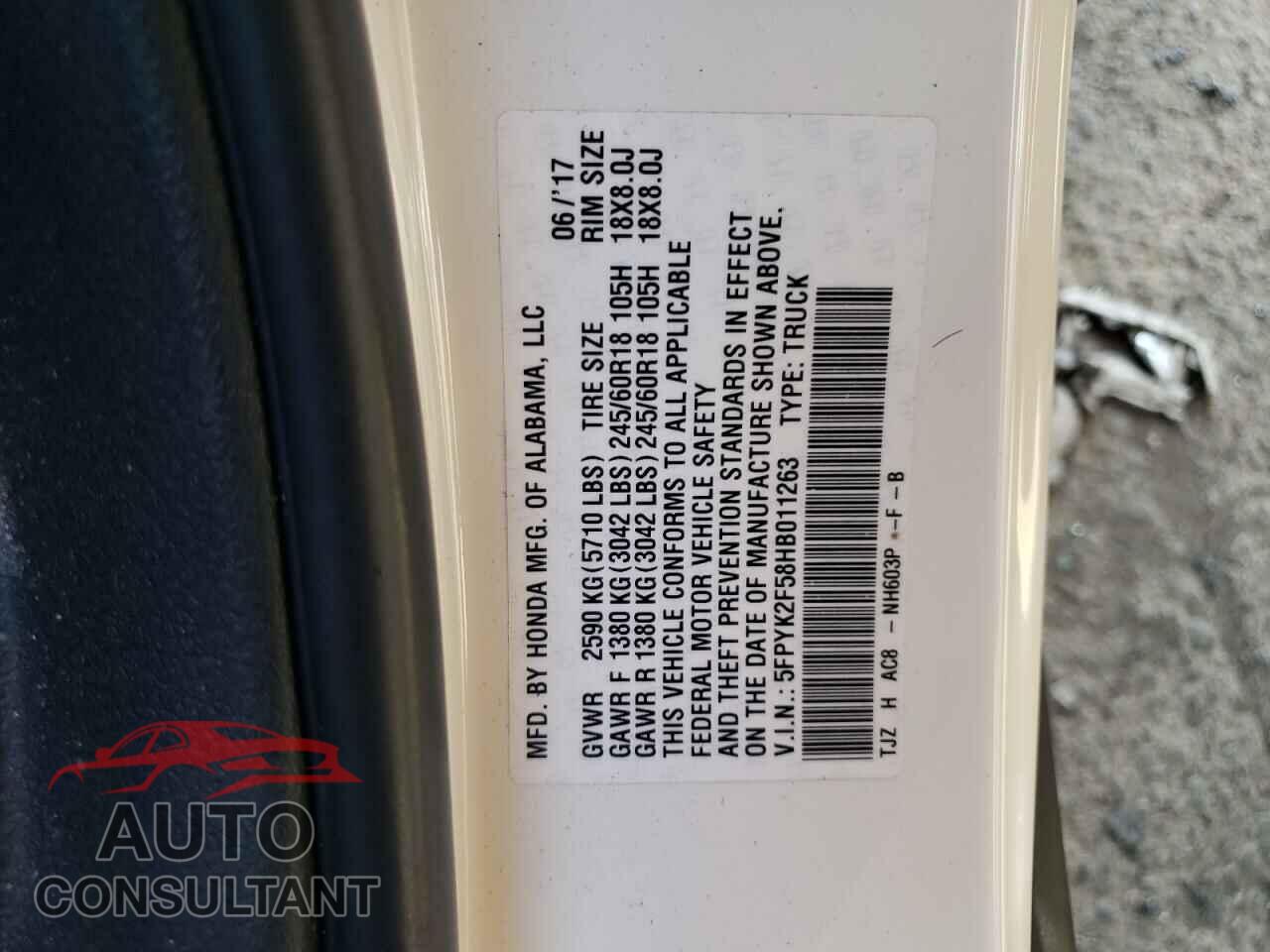 HONDA RIDGELINE 2017 - 5FPYK2F58HB011263
