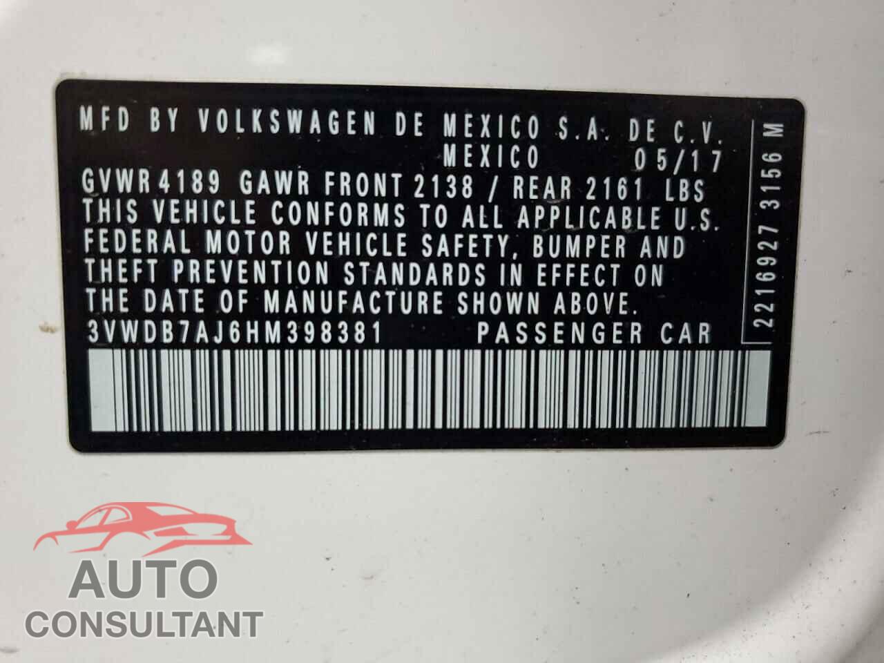 VOLKSWAGEN JETTA 2017 - 3VWDB7AJ6HM398381