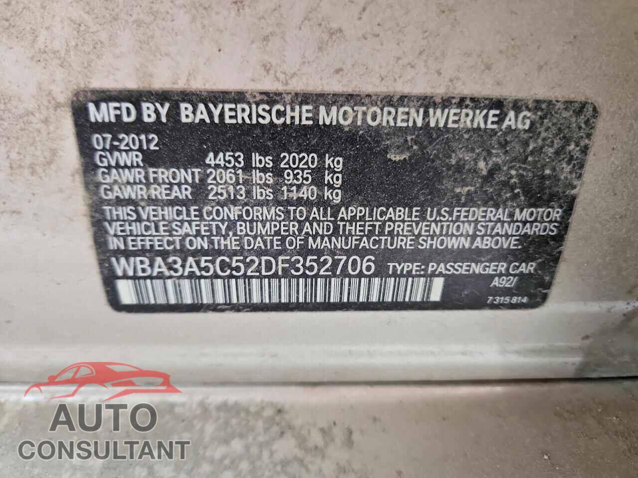 BMW 3 SERIES 2013 - WBA3A5C52DF352706