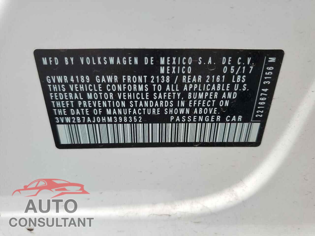 VOLKSWAGEN JETTA 2017 - 3VW2B7AJ0HM398352