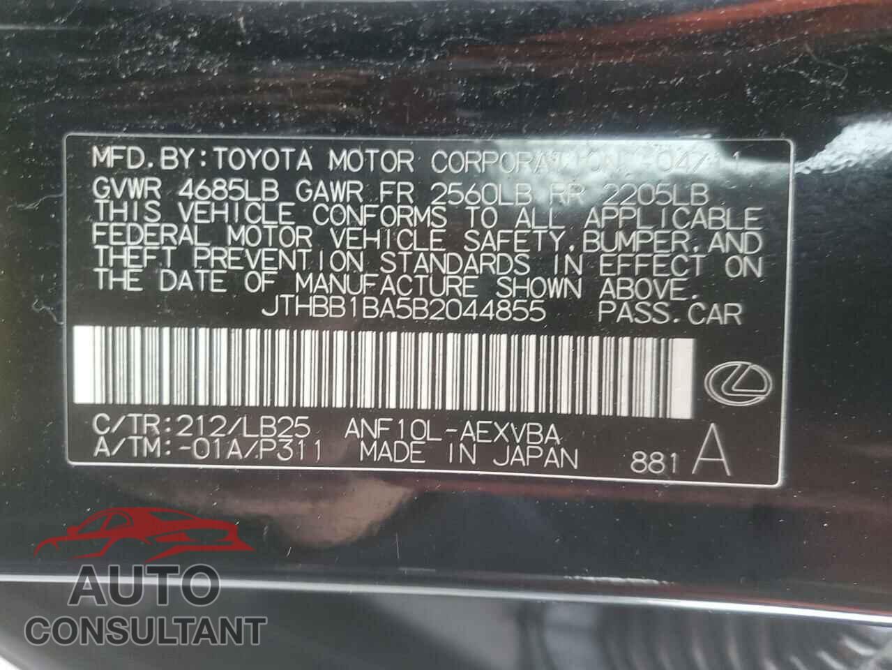 LEXUS HS 2011 - JTHBB1BA5B2044855
