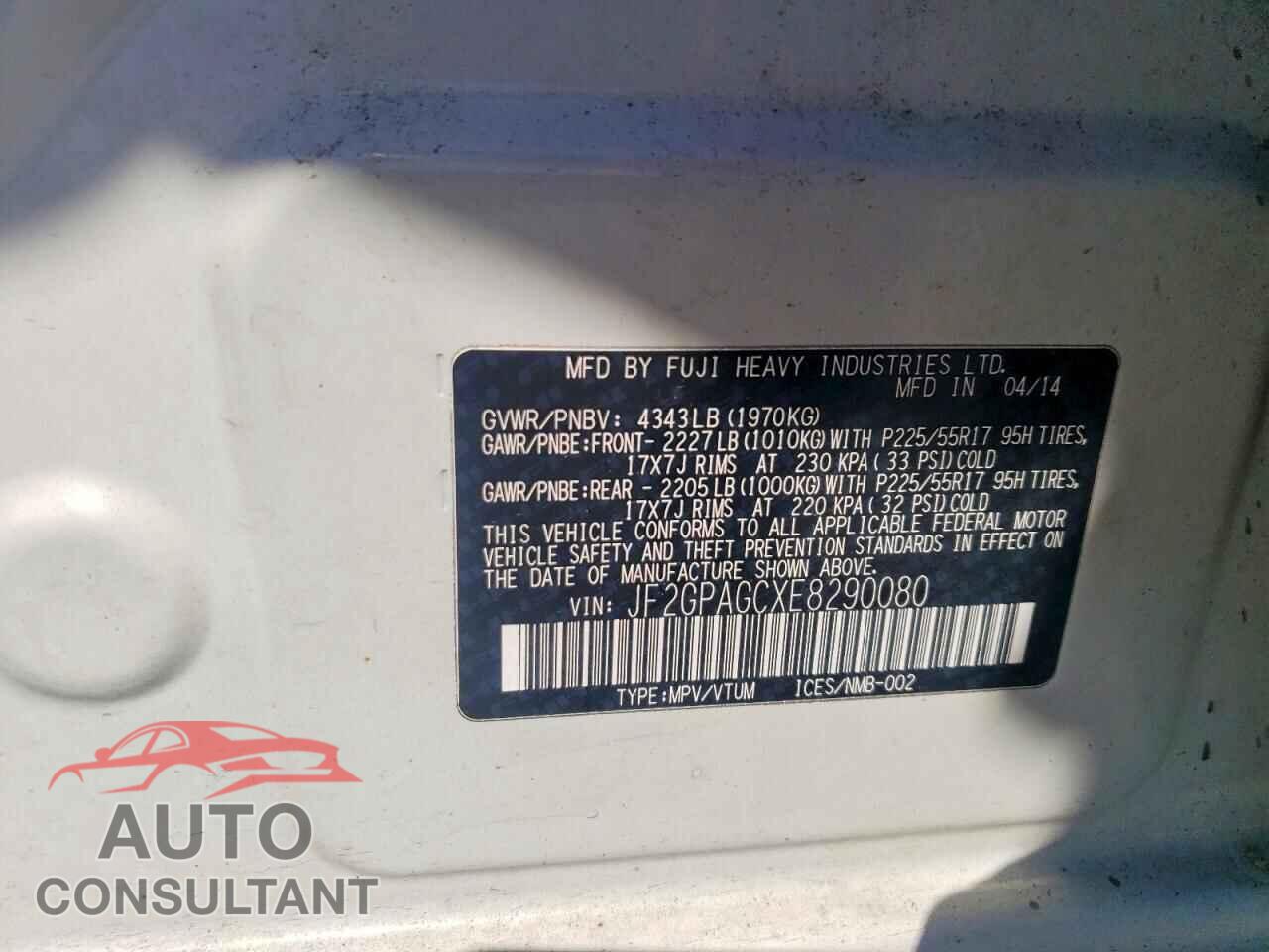 SUBARU XV 2014 - JF2GPAGCXE8290080