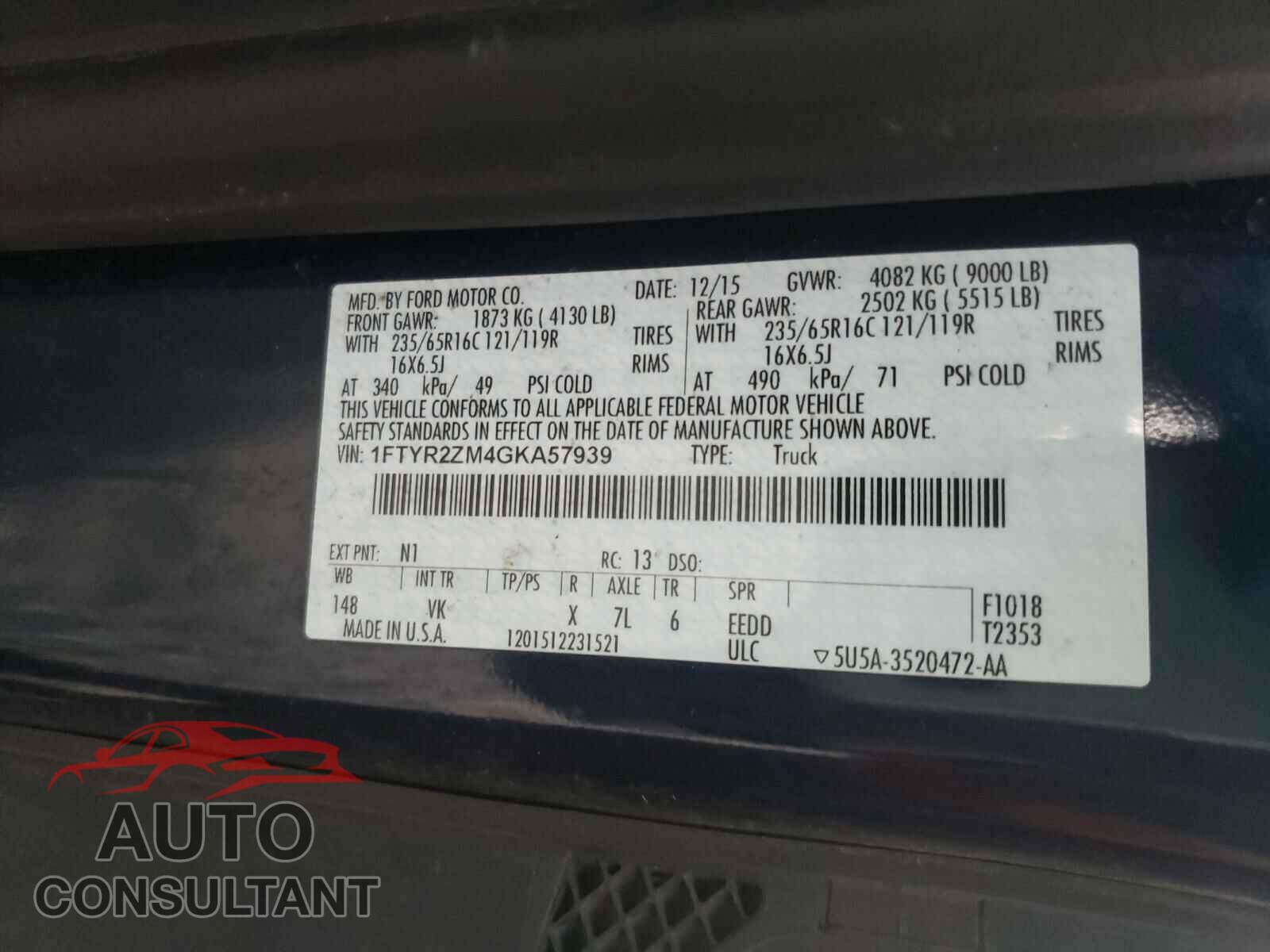 FORD TRANSIT CO 2016 - 1FTYR2ZM4GKA57939
