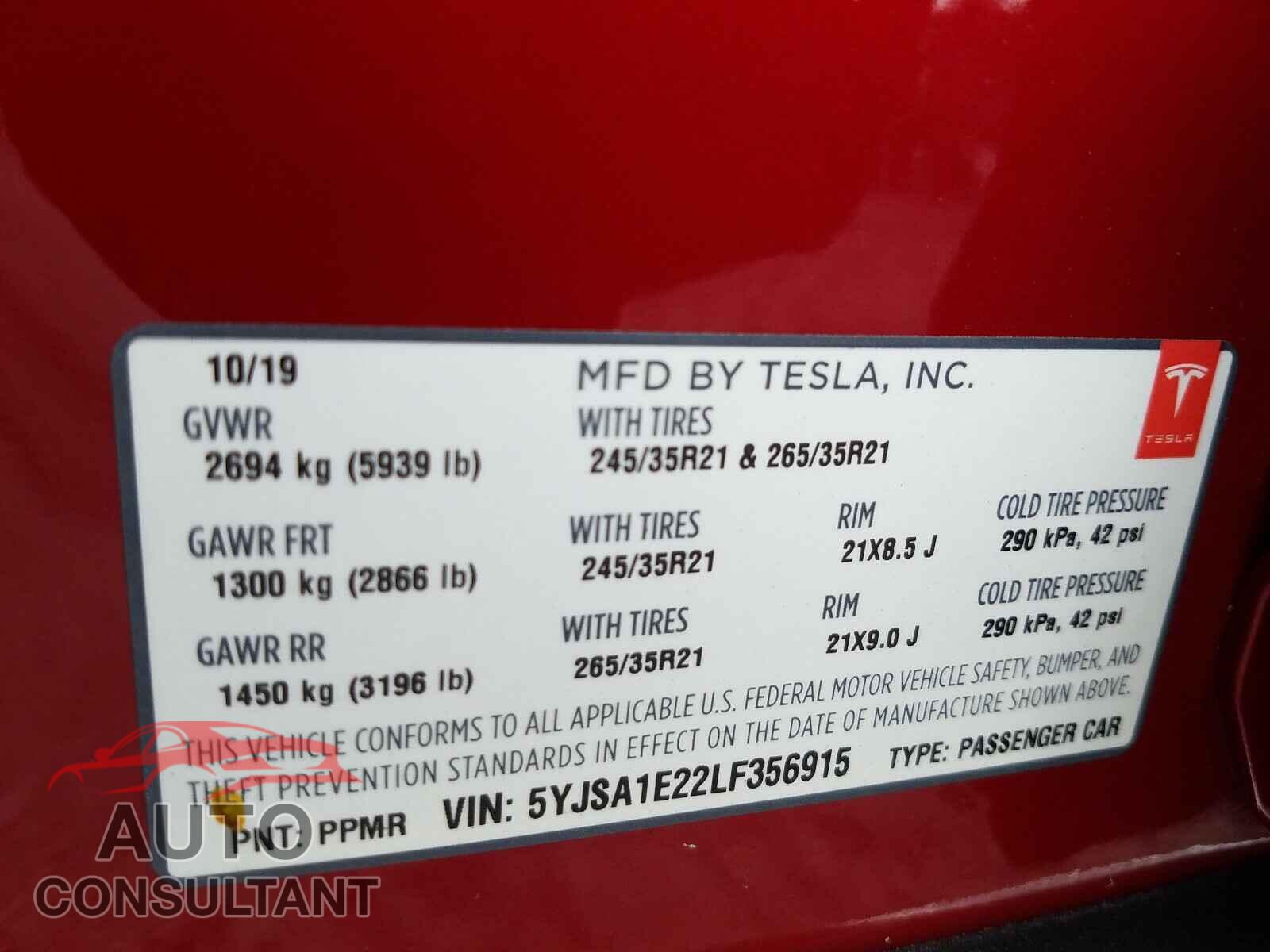 TESLA MODEL S 2020 - 5YJSA1E22LF356915