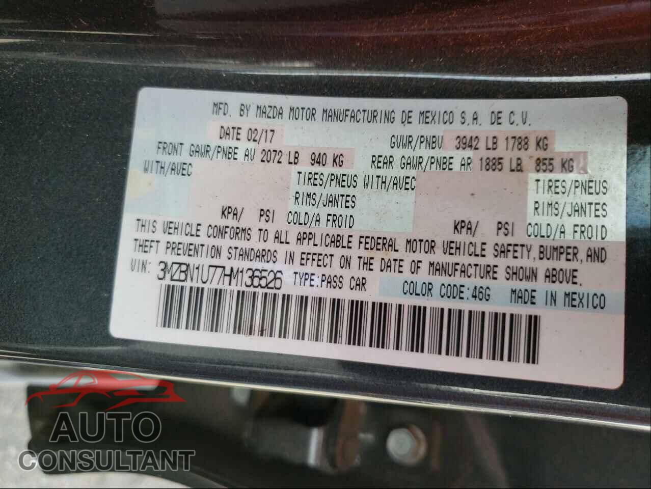 MAZDA 3 2017 - 3MZBN1U77HM136526