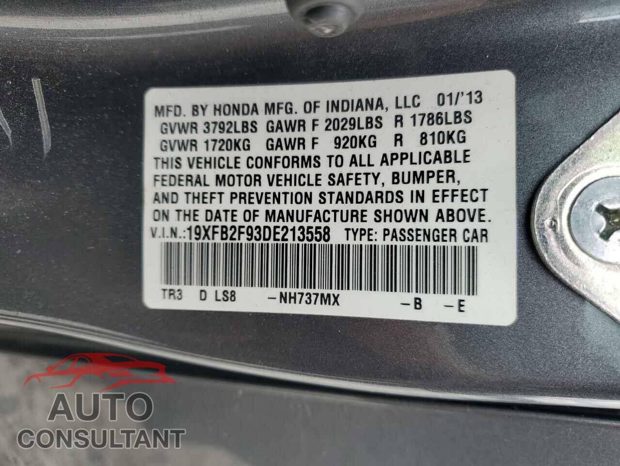 HONDA CIVIC 2013 - 19XFB2F93DE213558
