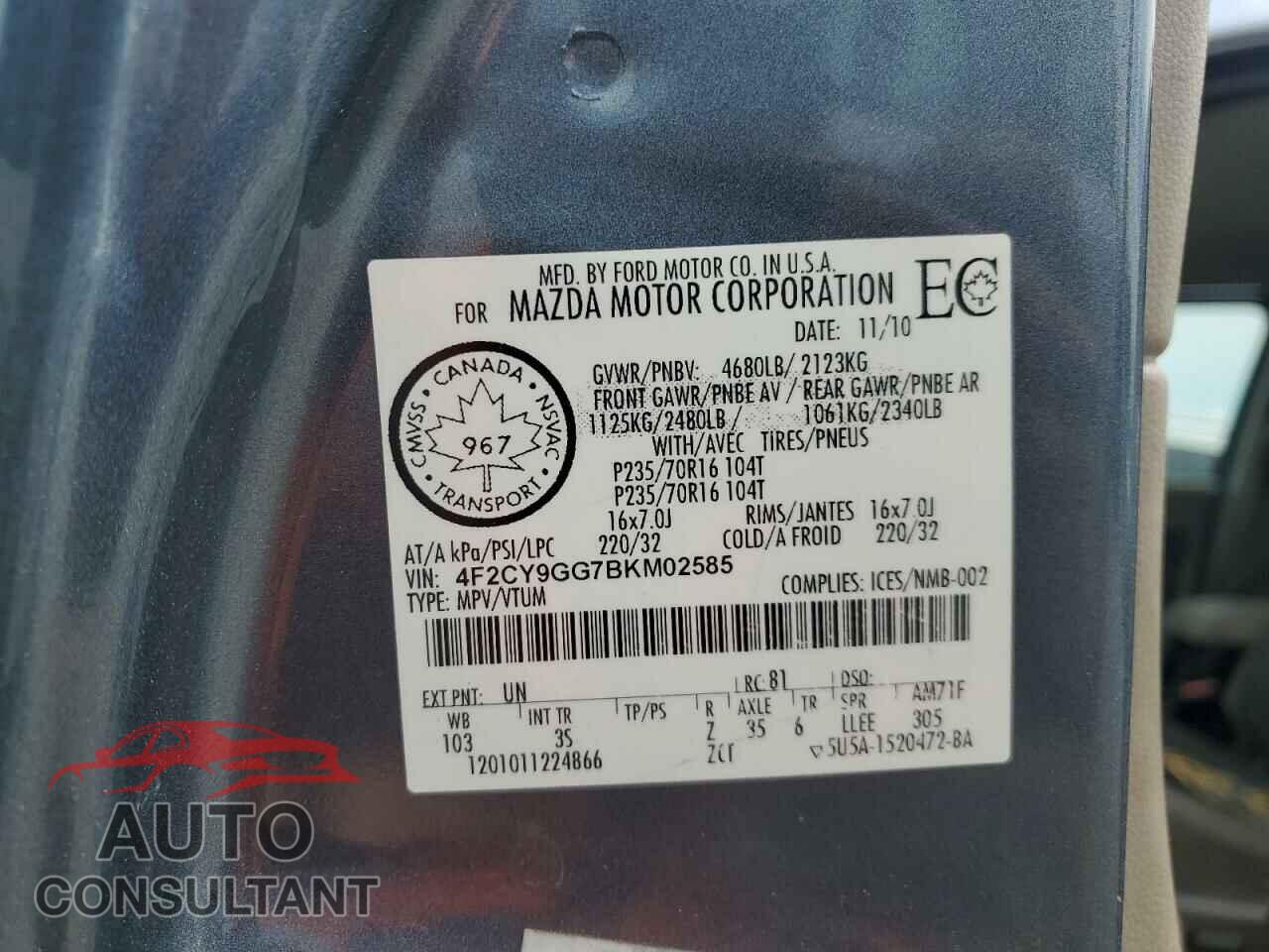 MAZDA TRIBUTE 2011 - 4F2CY9GG7BKM02585