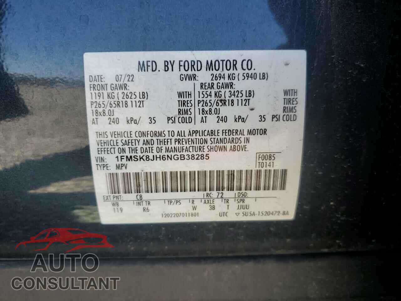 FORD EXPLORER 2022 - 1FMSK8JH6NGB38285