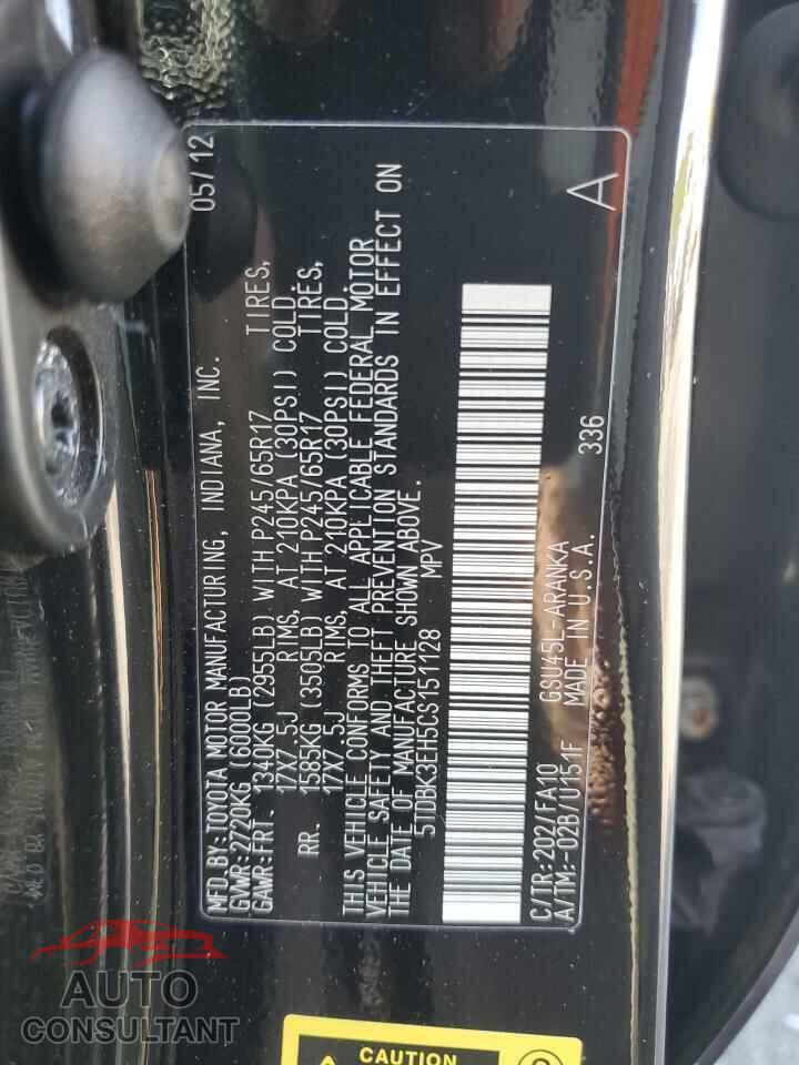 TOYOTA HIGHLANDER 2012 - 5TDBK3EH5CS151128