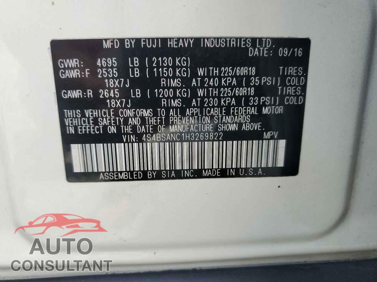 SUBARU OUTBACK 2017 - 4S4BSANC1H3269822