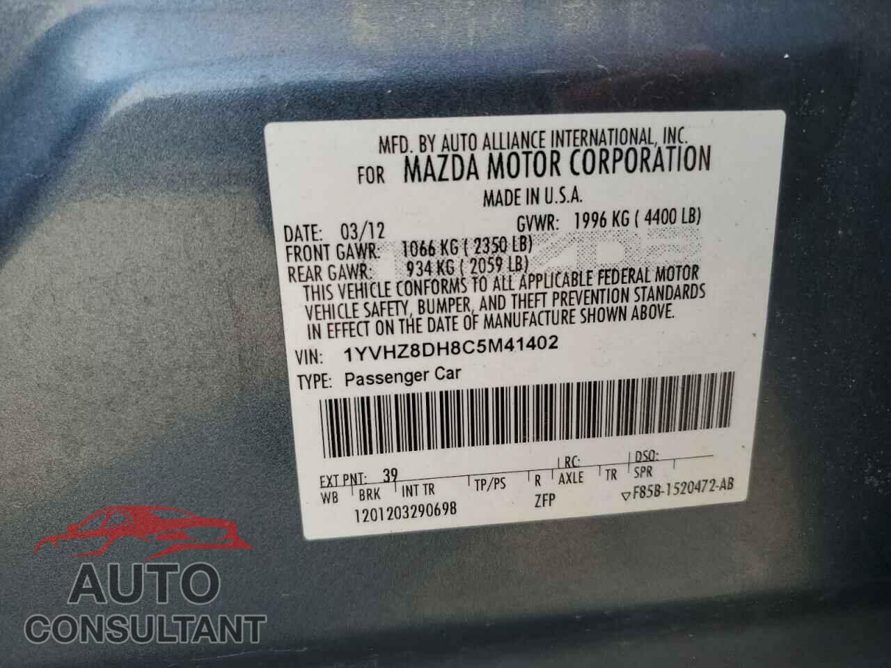 MAZDA 6 2012 - 1YVHZ8DH8C5M41402