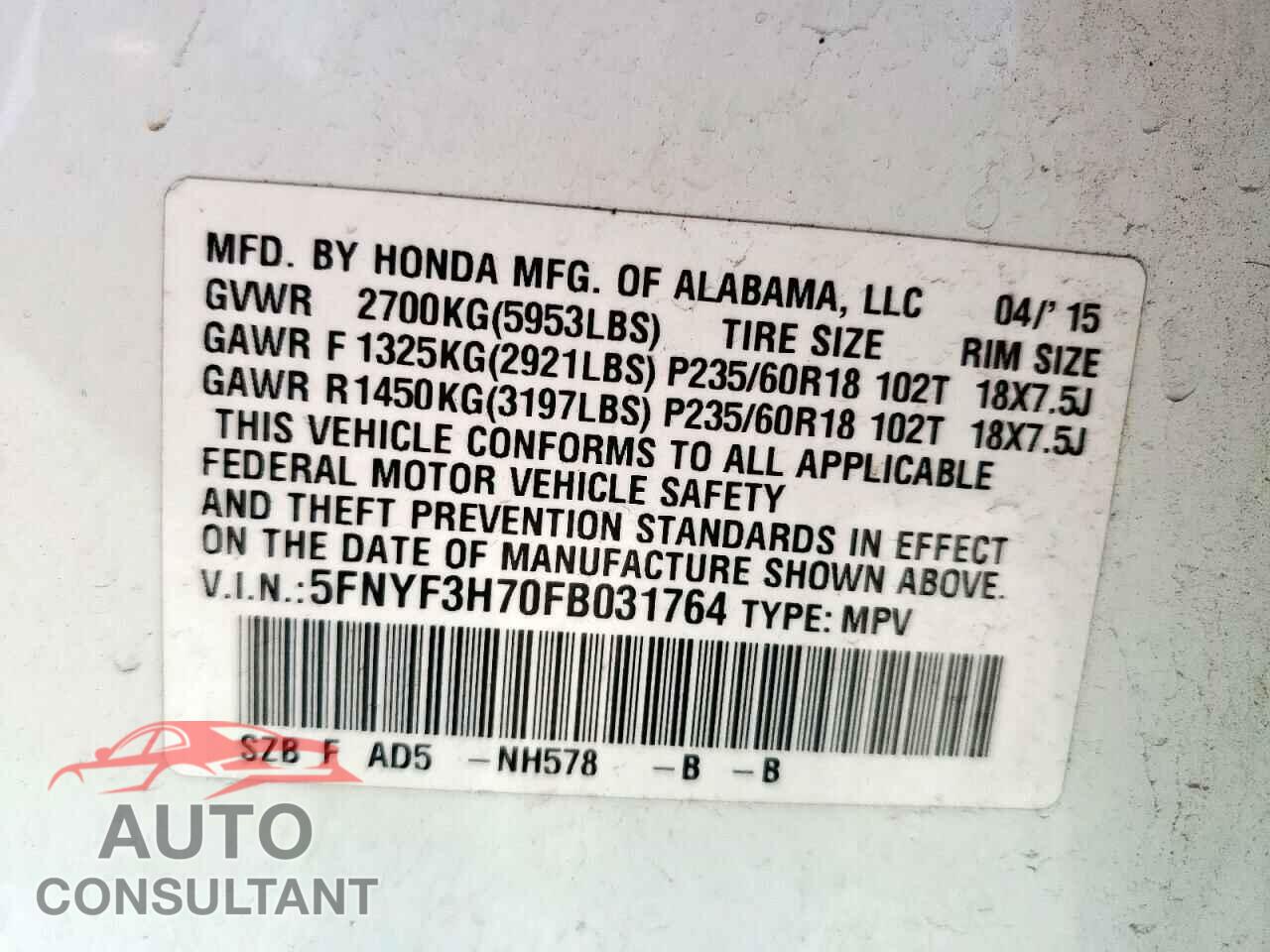 HONDA PILOT 2015 - 5FNYF3H70FB031764
