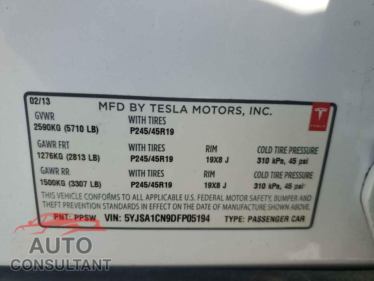 TESLA MODEL S 2013 - 5YJSA1CN9DFP05194