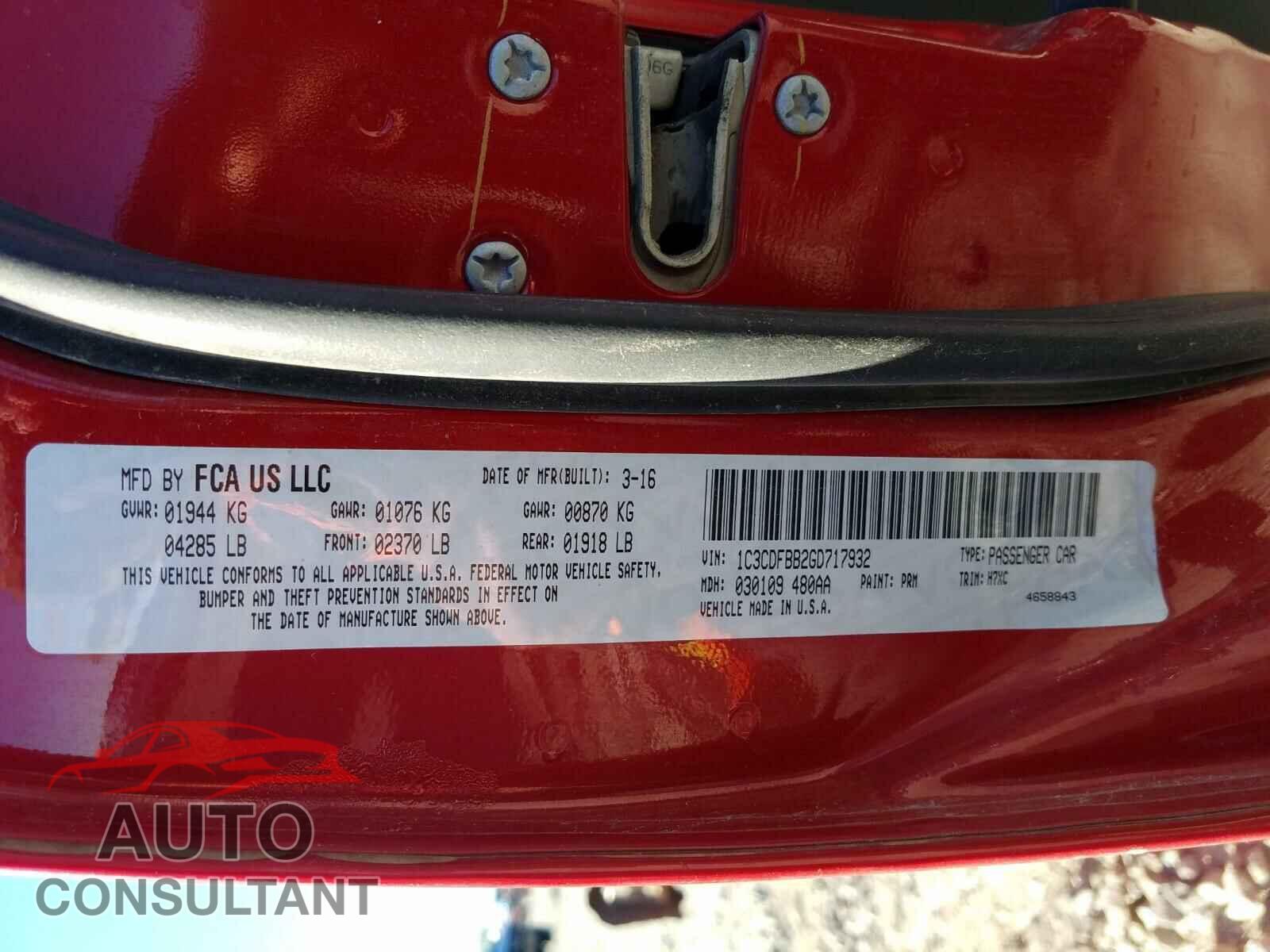 DODGE DART 2016 - 1C3CDFBB2GD717932