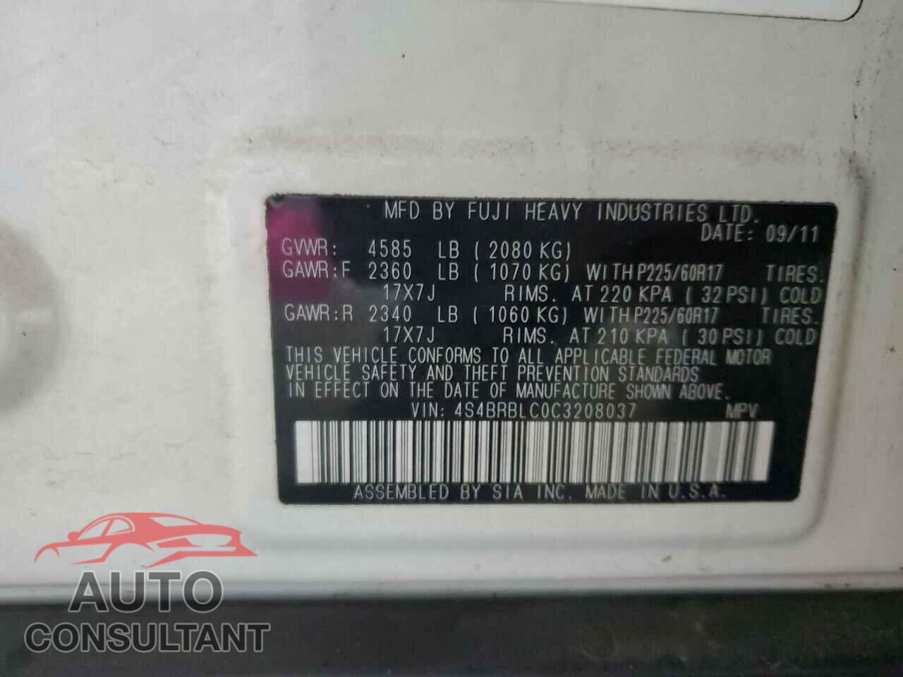 SUBARU OUTBACK 2012 - 4S4BRBLC0C3208037