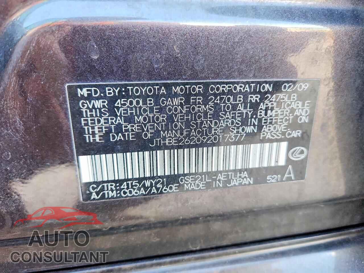 LEXUS IS 2009 - JTHBE262092017377