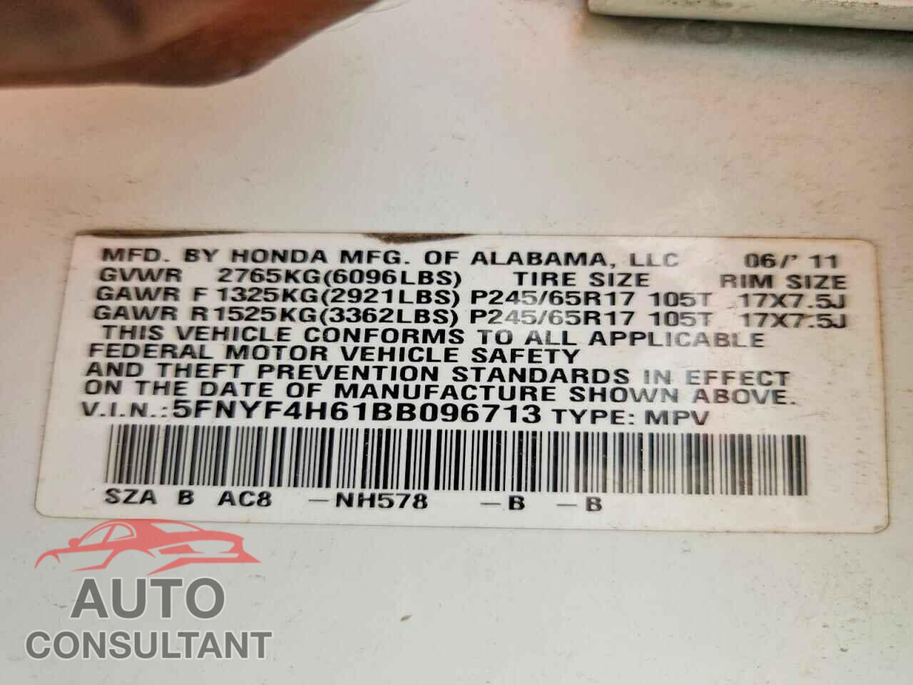 HONDA PILOT 2011 - 5FNYF4H61BB096713