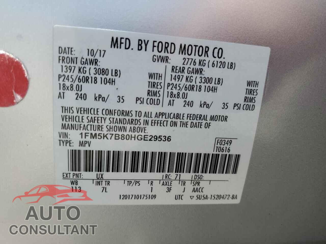 FORD EXPLORER 2017 - 1FM5K7B80HGE29536