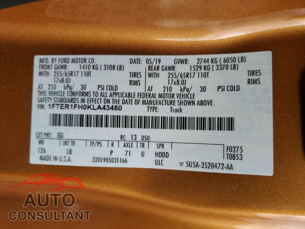 FORD RANGER 2019 - 1FTER1FH0KLA43480