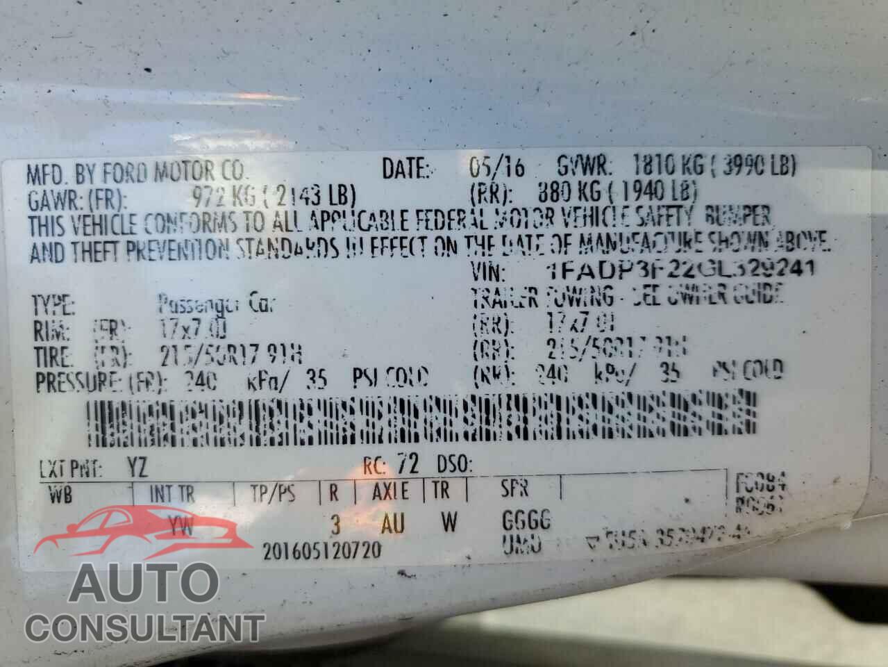 FORD FOCUS 2016 - 1FADP3F22GL329241