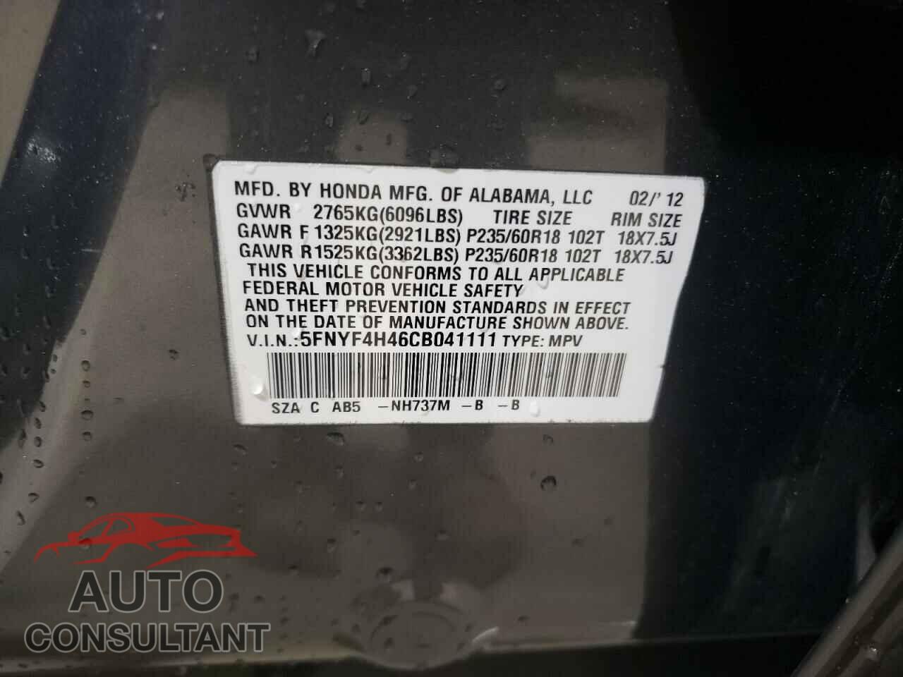 HONDA PILOT 2012 - 5FNYF4H46CB041111