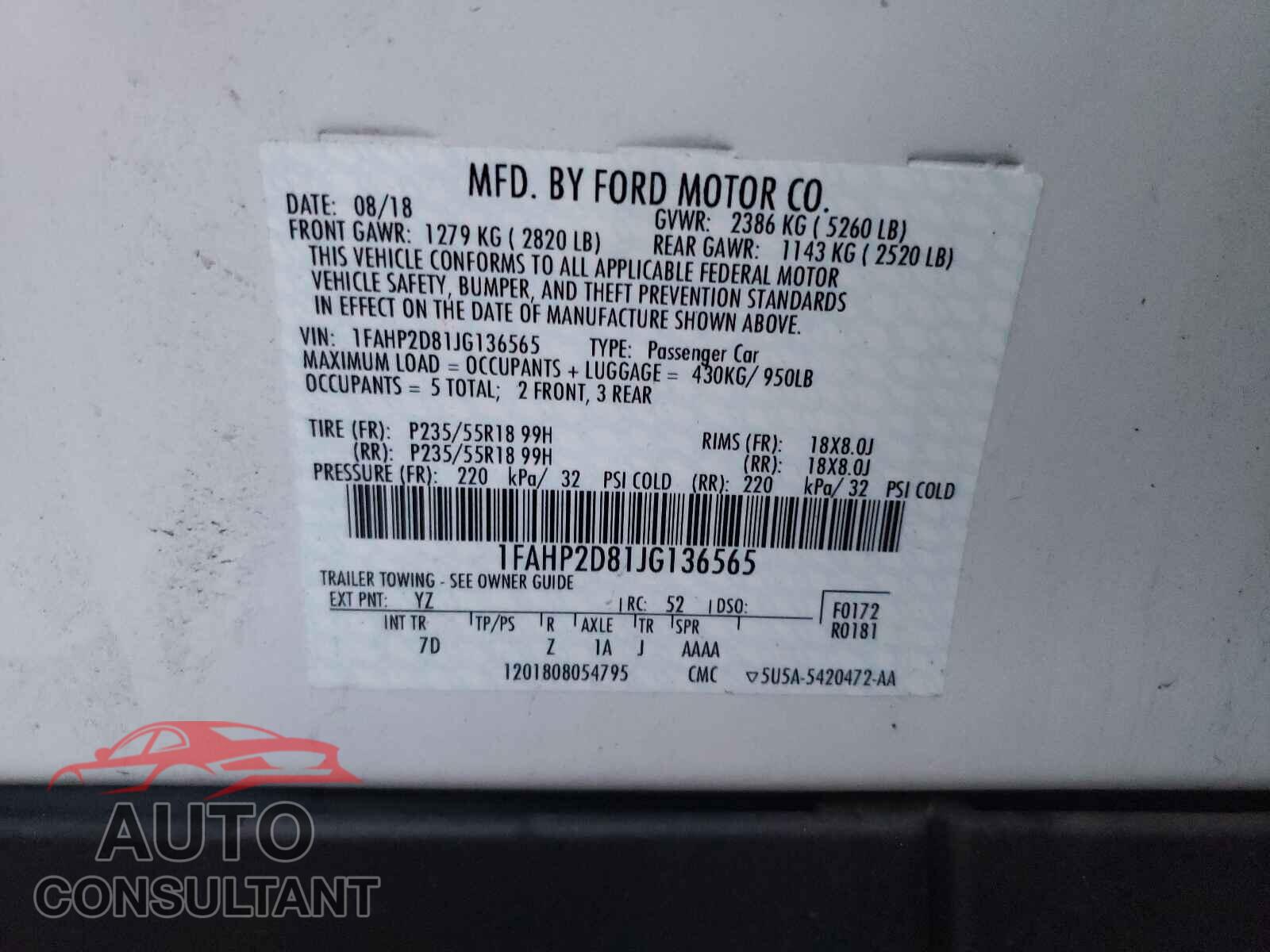 FORD TAURUS 2018 - 1FAHP2D81JG136565