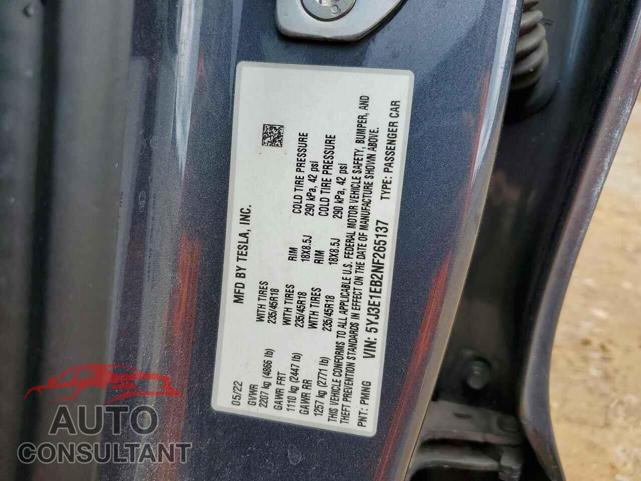 TESLA MODEL 3 2022 - 5YJ3E1EB2NF265137