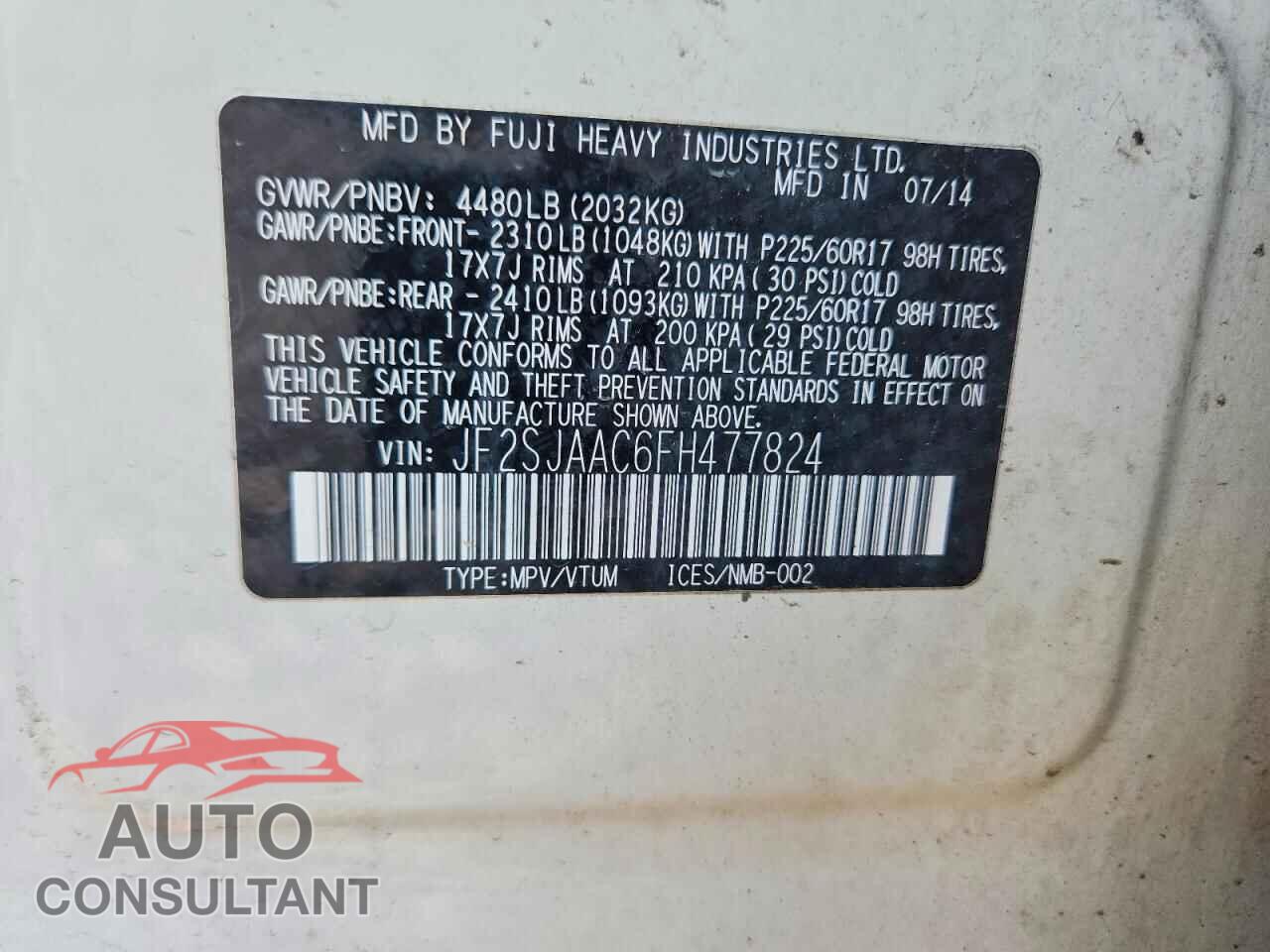 SUBARU FORESTER 2015 - JF2SJAAC6FH477824