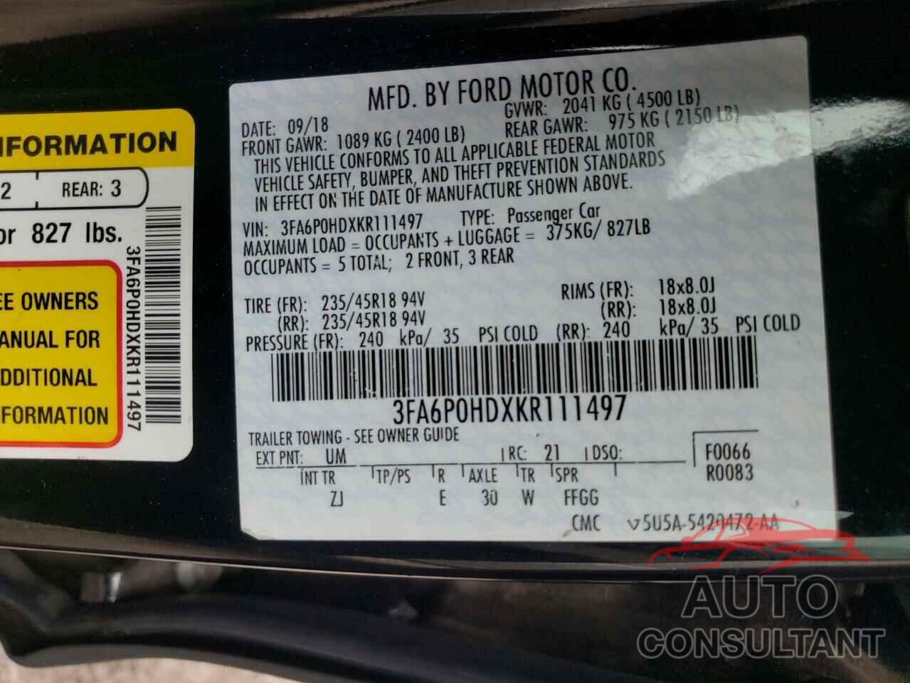 FORD FUSION 2019 - 3FA6P0HDXKR111497