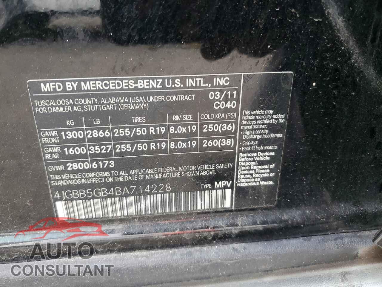 MERCEDES-BENZ M-CLASS 2011 - 4JGBB5GB4BA714228